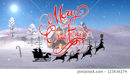 Image of christmas greetings text over santa claus in sleigh, snow and house in winter scenery Image of christmas greetings text over santa claus in sleigh, snow and house in winter scenery 123636274