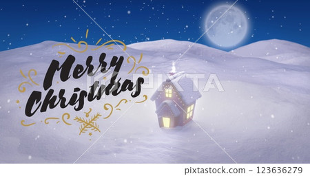 Image of christmas greetings text over full moon, snow and house in winter scenery 123636279