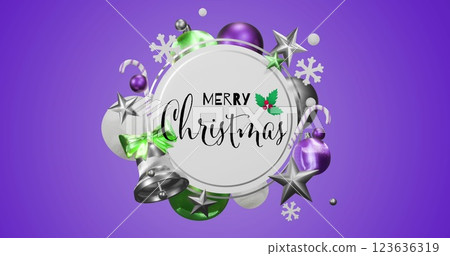 Image of christmas greetings text with decoration on purple background Image of christmas greetings text with decoration on purple background 123636319