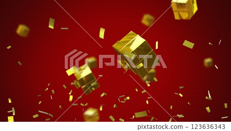 Image of christmas gold presents and confetti falling on red background 123636343