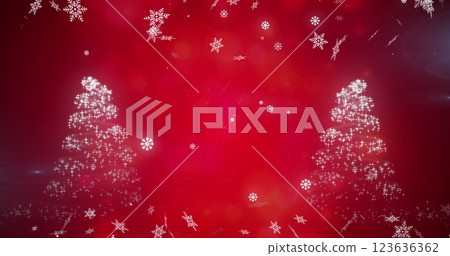 Snowflakes falling over shooting star forming two christmas trees on red background 123636362