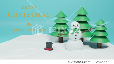 Image of christmas greetings text over snowman and trees on blue background 123636388
