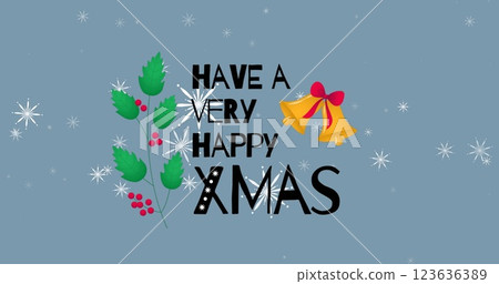 Image of happy christmas text over christmas decoration and snowflakes on blue background 123636389