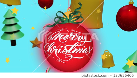 Image of christmas greetings text over christmas decorations on blue background 123636406