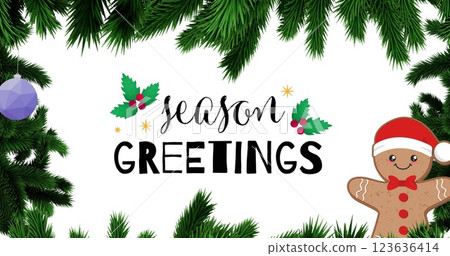 Image of season greetings text over christmas decorations Image of season greetings text over christmas decorations 123636414