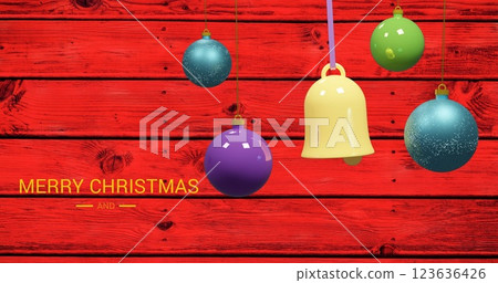 Image of christmas greetings text over christmas decorations on red background 123636426