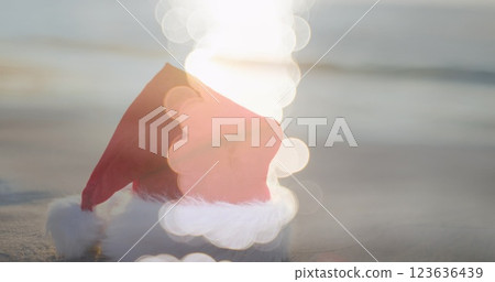 Image of sea over christmas santa hat 123636439