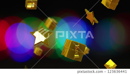 Image of christmas gold stars and presents falling over spots of light on black background Image of christmas gold stars and presents falling over spots of light on black background 123636441