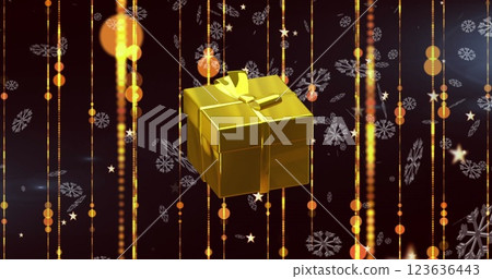Image of christmas gold stars, presents falling over gold light trails on black background Image of christmas gold stars, presents falling over gold light trails on black background 123636443