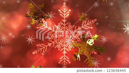 Image of christmas gold snowflakes falling on red background 123636445