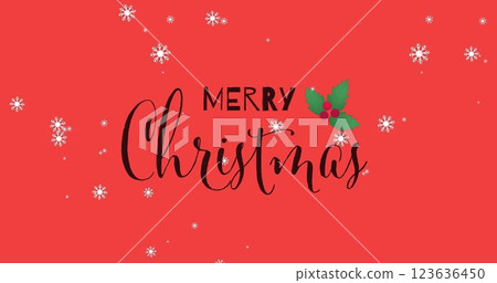 Image of snow falling and merry christmas text on red background 123636450