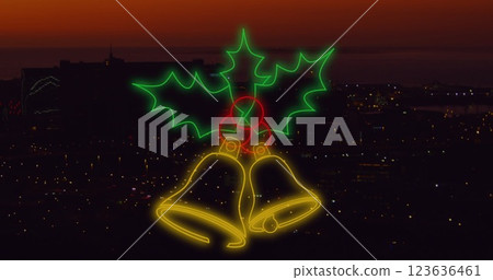 Image of flickering neon christmas decoration over cityscape background Image of flickering neon christmas decoration over cityscape background 123636461