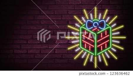 Image of neon christmas gift over wall Image of neon christmas gift over wall 123636462