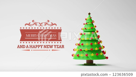 Image of merry christmas and a happy new year text and christmas tree on white background Image of merry christmas and a happy new year text and christmas tree on white background 123636509