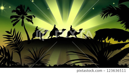 Image of silhouette of three wise men on camels over shooting star on green background 123636511