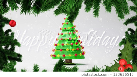 Image of fir tree over happy holidays text and christmas tree on white background 123636513