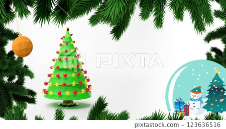 Image of fir tree with christmas decorations over christmas tree on white background 123636516