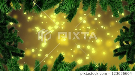 Image of fir tree branches with glowing lights on yellow background Image of fir tree branches with glowing lights on yellow background 123636604