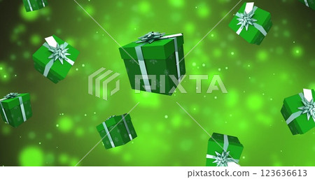 Image of presents and spots of light on green background 123636613