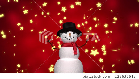 Image of snowman and stars falling on red background 123636615