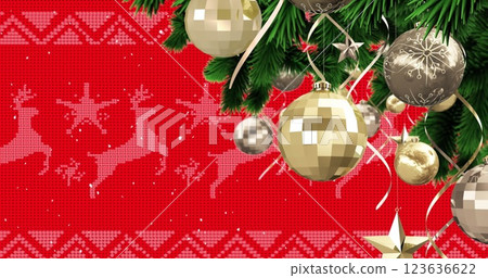 Festive Christmas decorations adorn a vibrant background Festive Christmas decorations adorn a vibrant background 123636622
