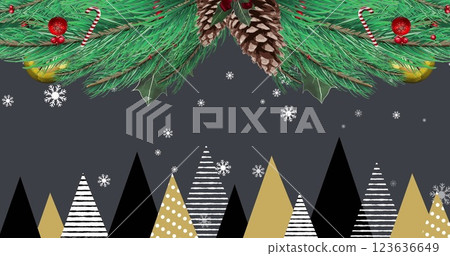 Image of snow falling over christmas trees and decorations Image of snow falling over christmas trees and decorations 123636649