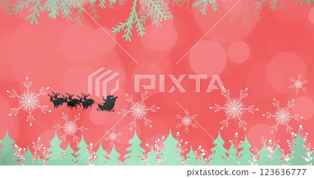 Image of christmas winter scenery with santa claus in sleigh on red background Image of christmas winter scenery with santa claus in sleigh on red background 123636777