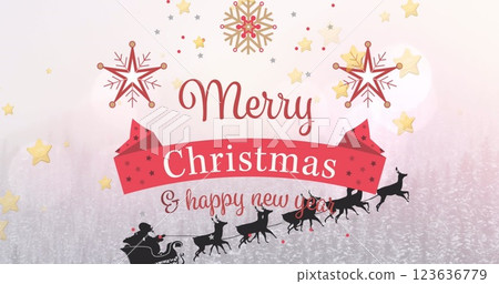 Image of christmas greetings text over christmas decorations and sleigh Image of christmas greetings text over christmas decorations and sleigh 123636779