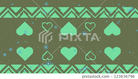Image of blue snowflakes icons falling over traditional christmas pattern on green background 123636796