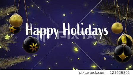 Image of happy holidays text with baubles and stars on blue background Image of happy holidays text with baubles and stars on blue background 123636801