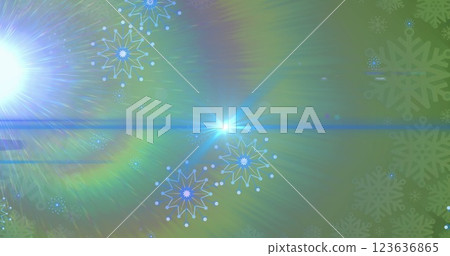 Image of glowing light over christmas snowflakes falling over green background 123636865