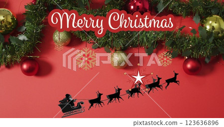 Image of christmas greetings text over baubles and santa claus on red background Image of christmas greetings text over baubles and santa claus on red background 123636896