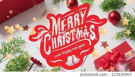 Image of merry christmas and happy new year text and stars over presents and decorations Image of merry christmas and happy new year text and stars over presents and decorations 123636907