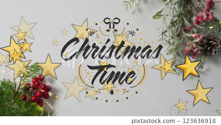 Image of christmas time text and stars over decorations Image of christmas time text and stars over decorations 123636918