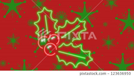 Image of christmas decorations with holly and green snowflakes on red background 123636950
