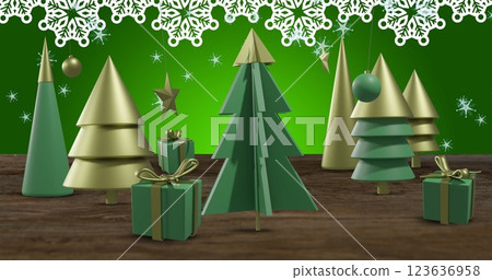 Image of christmas trees and decorations on green background 123636958