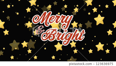 Image of merry and bright text banner against star icons in seamless pattern on black background 123636975