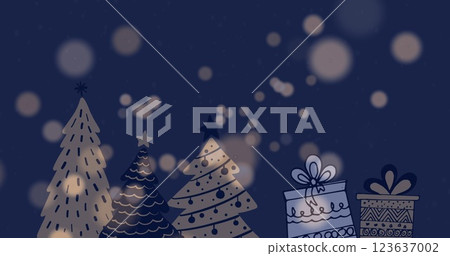 Image of christmas tree pattern over lights and dark background 123637002