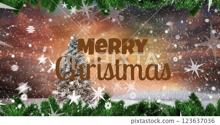 Image of fir trees branches over winter landscape Image of fir trees branches over winter landscape 123637036