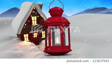 Image of snow falling over christmas candies and present on houses on houses 123637045
