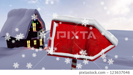 Image of snow falling and house at christmas over wooden sign with copy space Image of snow falling and house at christmas over wooden sign with copy space 123637046