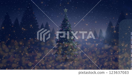 Image of snow falling and light spots over christmas tree and winter landscape 123637083