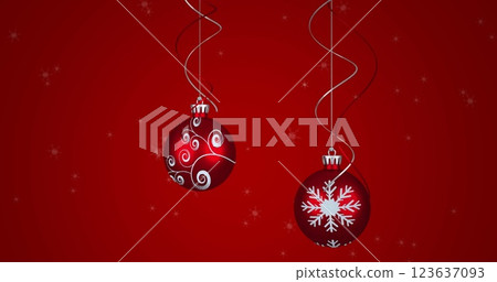Image of snowflakes over christmas baubles on red background Image of snowflakes over christmas baubles on red background 123637093