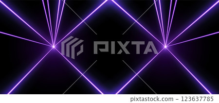 Laser rays or beams, glowing neon lines, bright futuristic background. 123637785