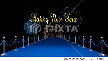 Image of happy new year text over fireworks and blue carpet 123637880