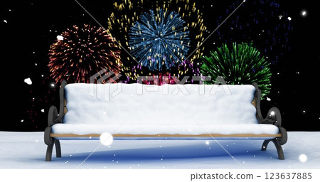 Image of fireworks exploding over bench and winter scenery 123637885