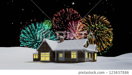Image of fireworks exploding over house and winter scenery Image of fireworks exploding over house and winter scenery 123637886