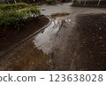 Rain falls into a puddle at the entrance to the park 123638028