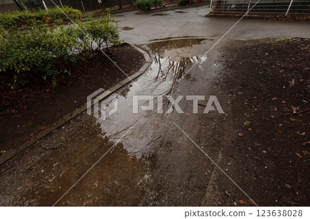 雨水湧入公園入口處的水坑 雨水湧入公園入口處的水坑 123638028