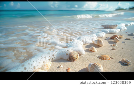 A peaceful beach scene with various seashells by the gentle ocean waves. Generate AI 123638399